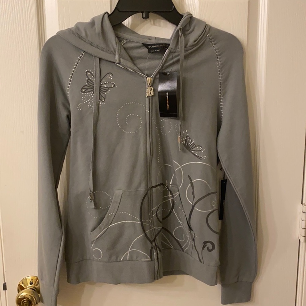 Y2K BCBGMaxAzria Gray Zip-Up Hooded Sweatshirt with Embellished Swirl Design